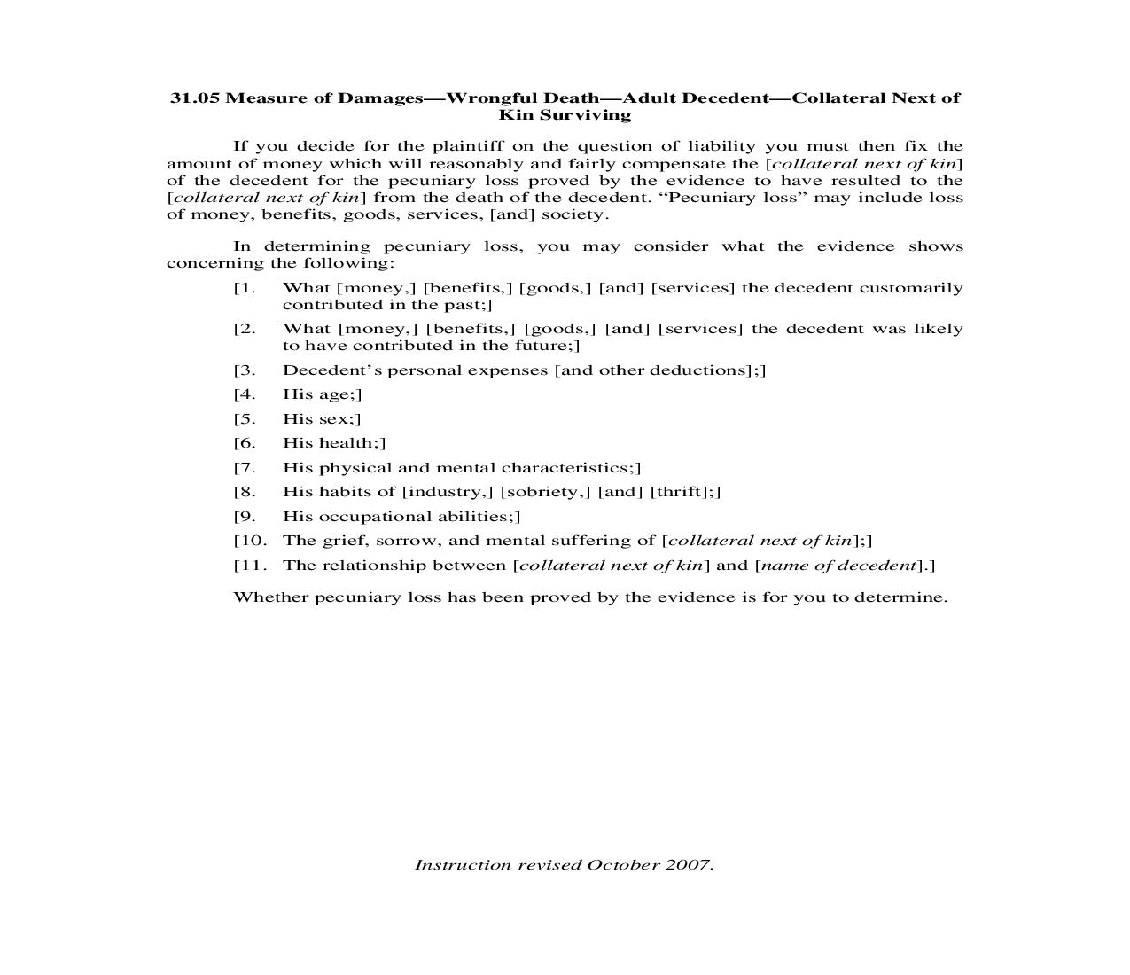 31.05. Measure Of Damages-Wrongful Death-Adult Decedent-Collateral Next of Kin Surviving | Pdf Doc Docx | Illinois_JI