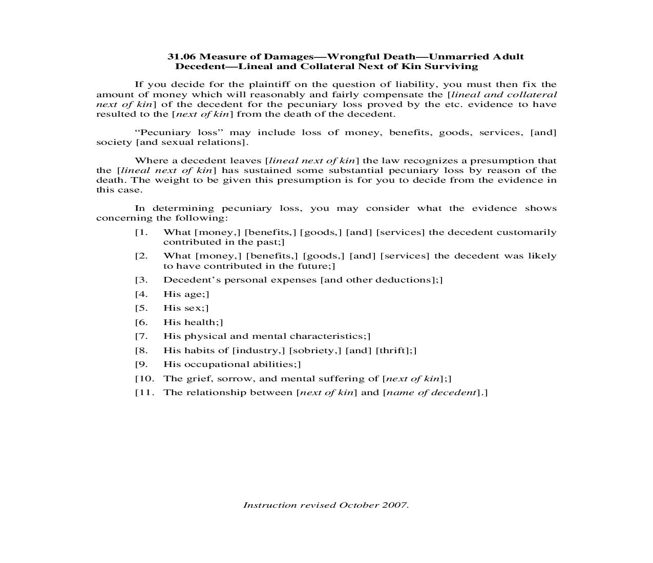 31.06. Measure Of Damages-Wrongful Death-Unmarried Adult Decedent-Lineal and Collateral Next of Kin Surviving | Pdf Doc Docx | Illinois_JI