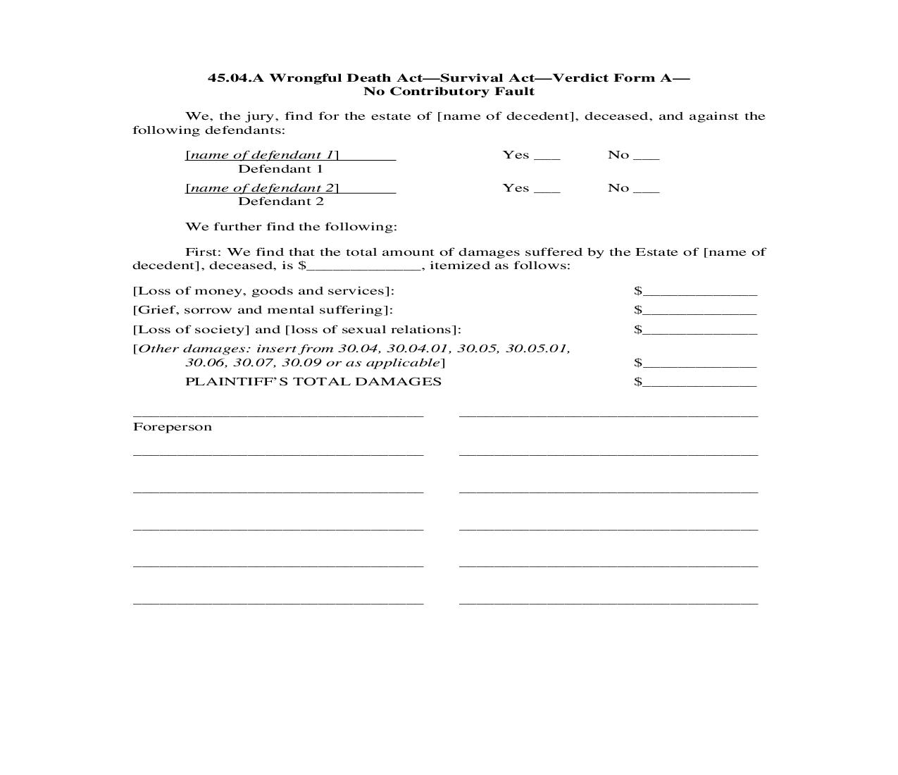 45.04.A. Wrongful Death Act-Survival Act-Verdict Form A-No Contributory Fault | Pdf Doc Docx | Illinois_JI