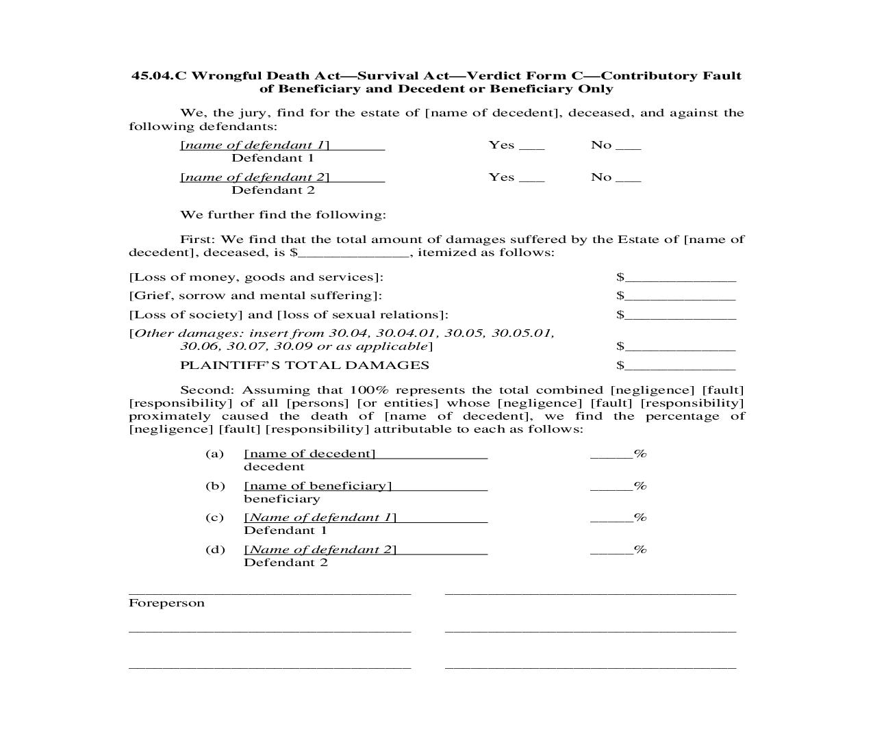 45.04.C. Wrongful Death Act-Survival Act-Verdict Form C-Contrib Fault of Ben and Dec or Ben Only | Pdf Doc Docx | Illinois_JI
