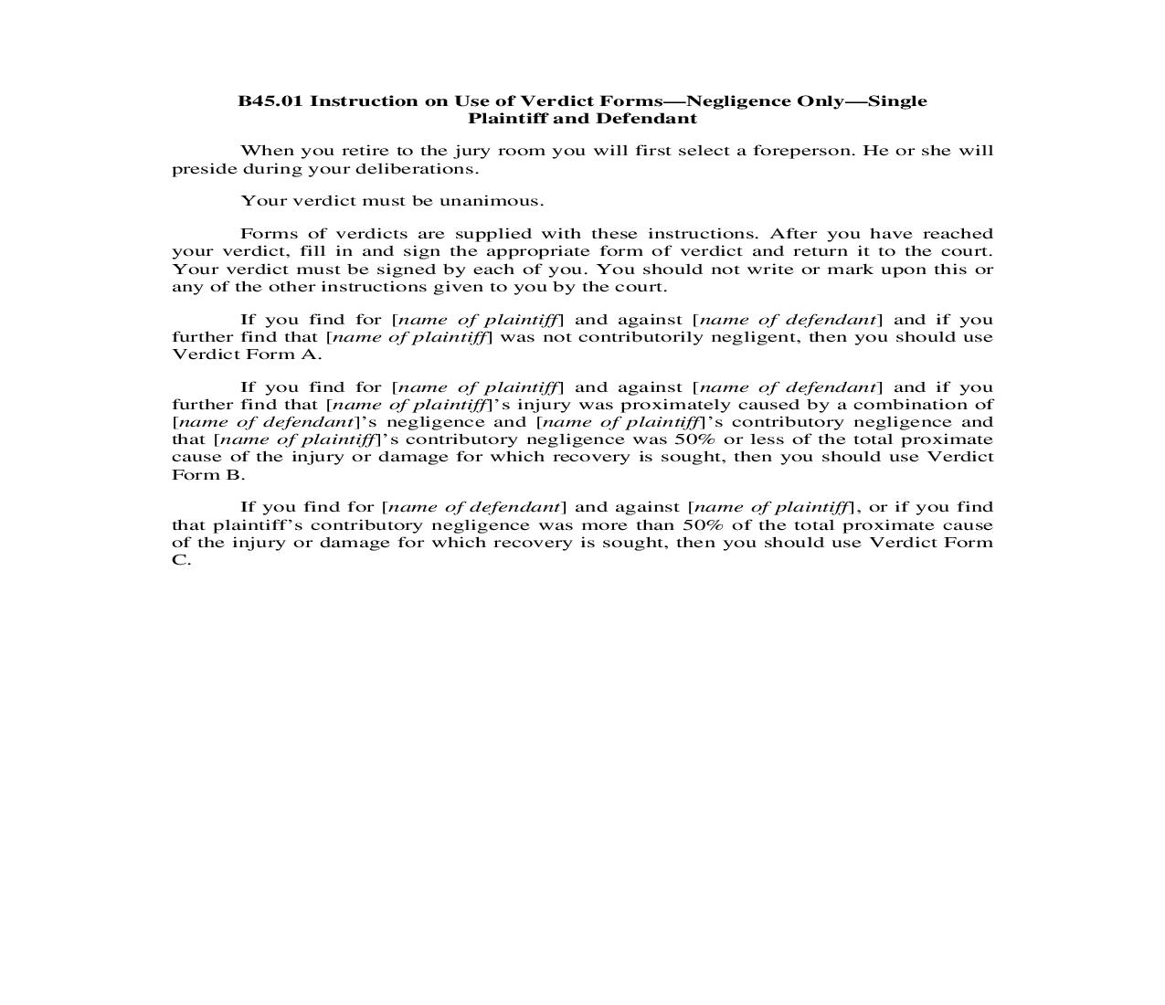 B45.01. Instruction on Use of Verdict Forms-Negligence Only-Single Plaintiff and Defendant | Pdf Doc Docx | Illinois_JI
