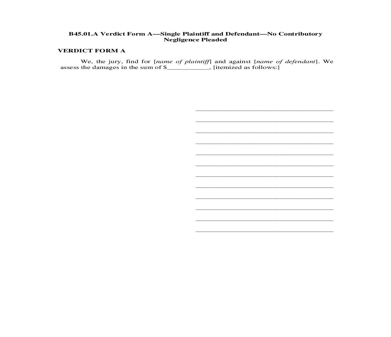 B45.01.A. Verdict Form A-Single Plaintiff and Defendant-No Contributory Negligence Pleaded | Pdf Doc Docx | Illinois_JI