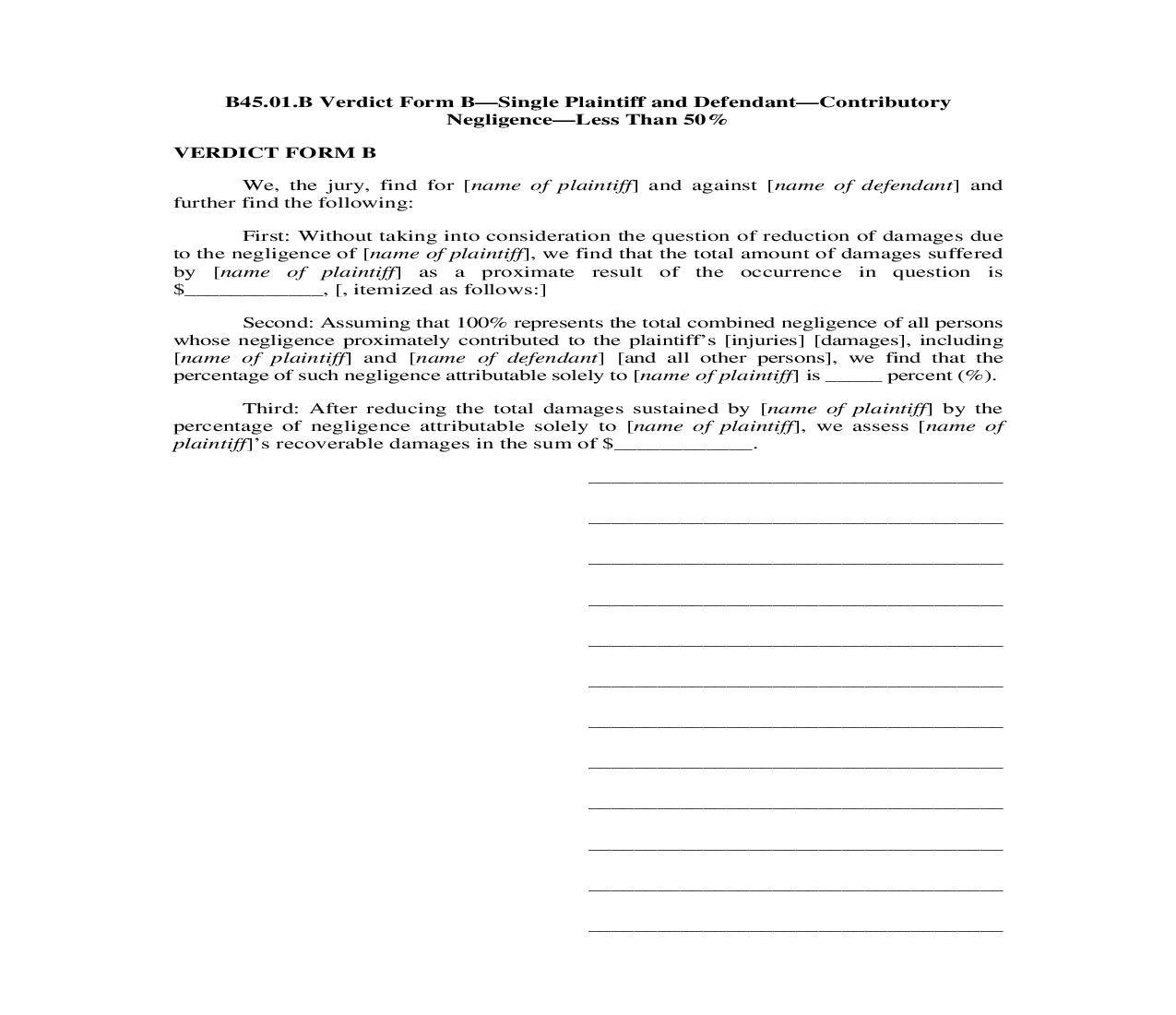 B45.01.B. Verdict form B-Single Plaintiff and Defendant-Contributory Negligence-Less Than 50 Percent | Pdf Doc Docx | Illinois_JI