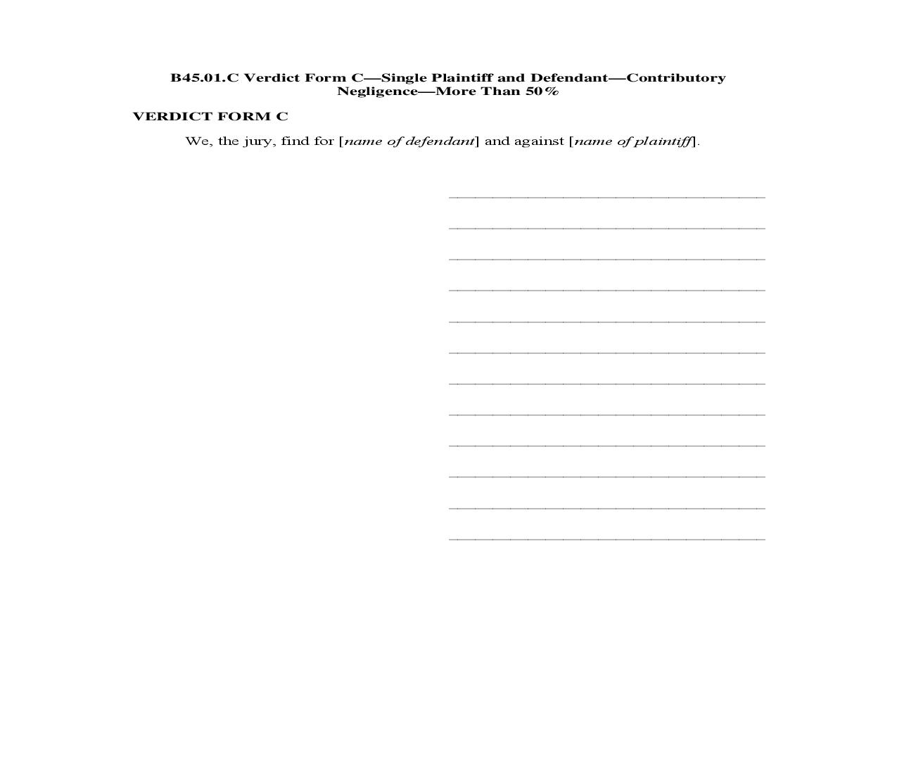 B45.01.C. Verdict Form C-Single Plaintiff and Defendant-Contributory Negligence-More Than 50 Percent | Pdf Doc Docx | Illinois_JI