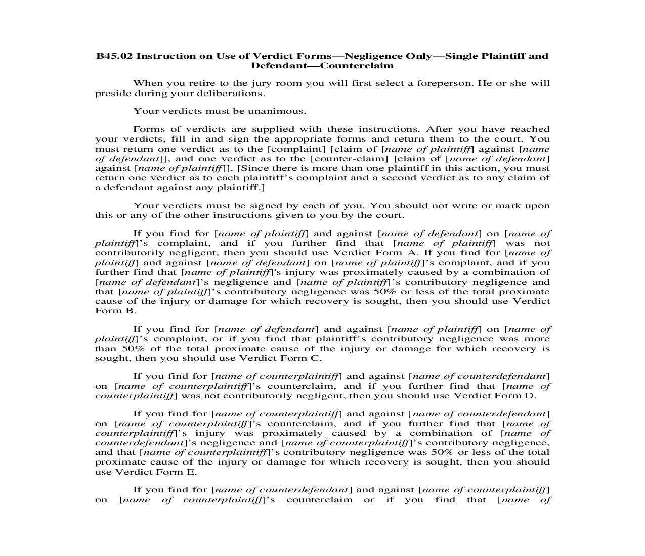 B45.02. Instruction on Use of Verdict Forms-Negligence Only-Single Plaintiff and Defendant-Counterclaim | Pdf Doc Docx | Illinois_JI