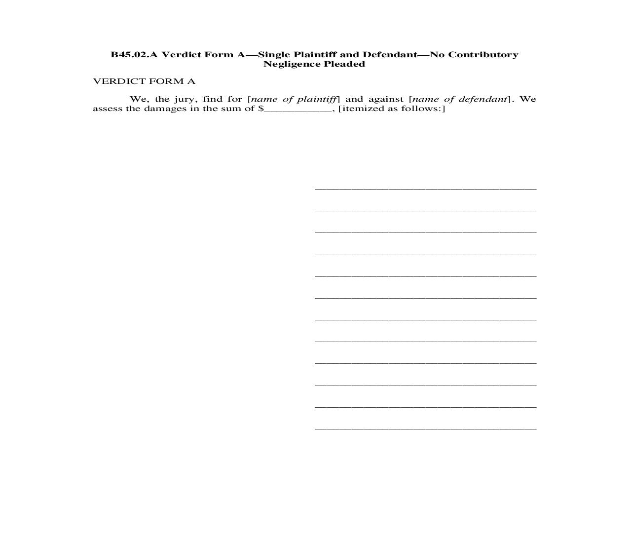 B45.02.A. Verdict Form A-Single Plaintiff and Defendant-No Contibutory Negligence Pleaded | Pdf Doc Docx | Illinois_JI