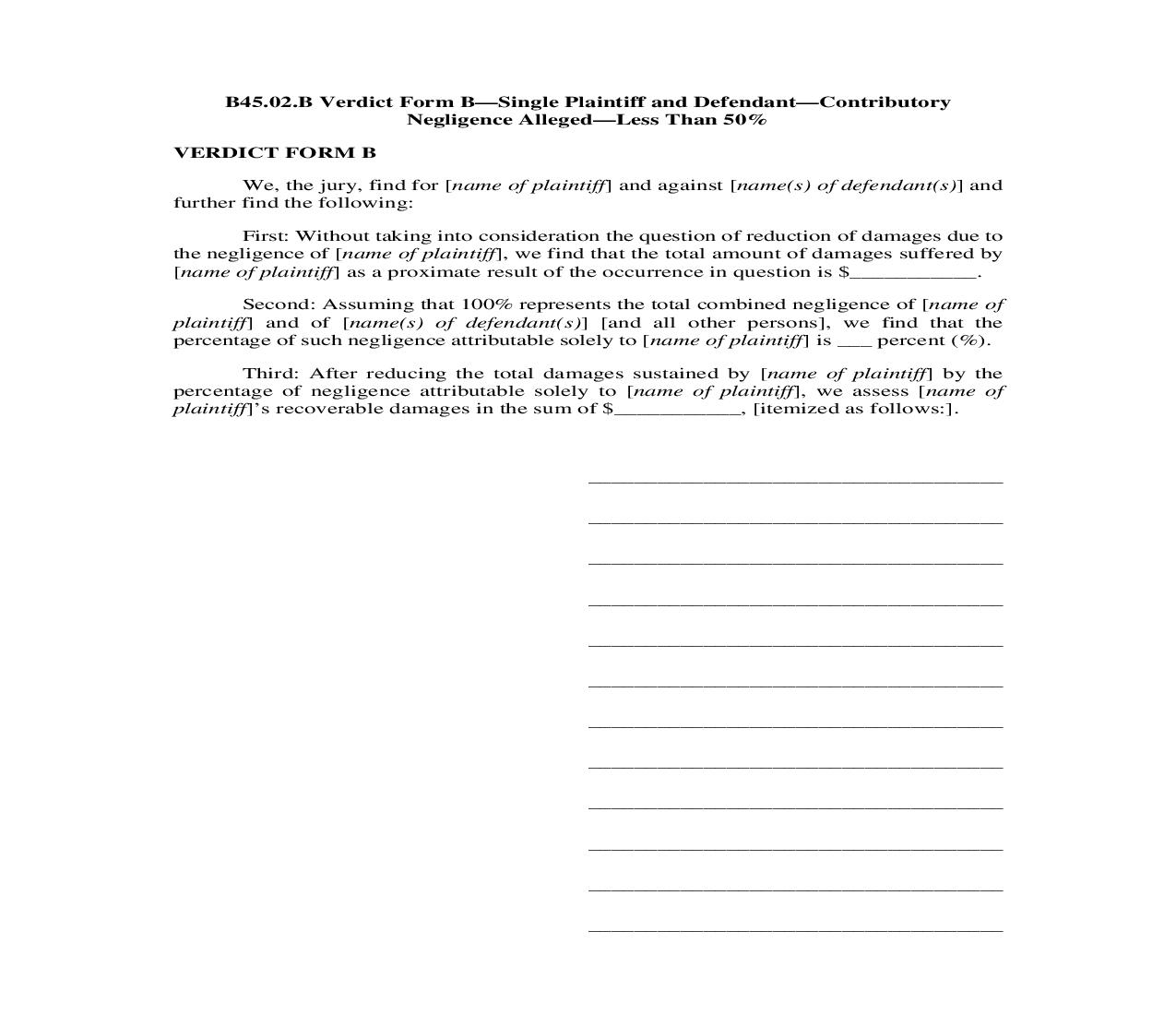 B45.02.B. Verdict Form B-Single Plaintiff and Defendant-Contributory Negligence Alleged-Less Than 50 Percent | Pdf Doc Docx | Illinois_JI