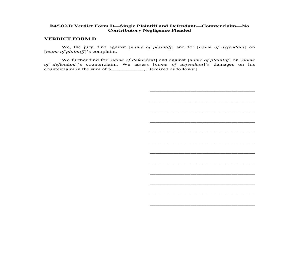 B45.02.D. Verdict Form D-Single Plaintiff and Defendant-Counterclaim-No Contributory Negligence Pleaded | Pdf Doc Docx | Illinois_JI
