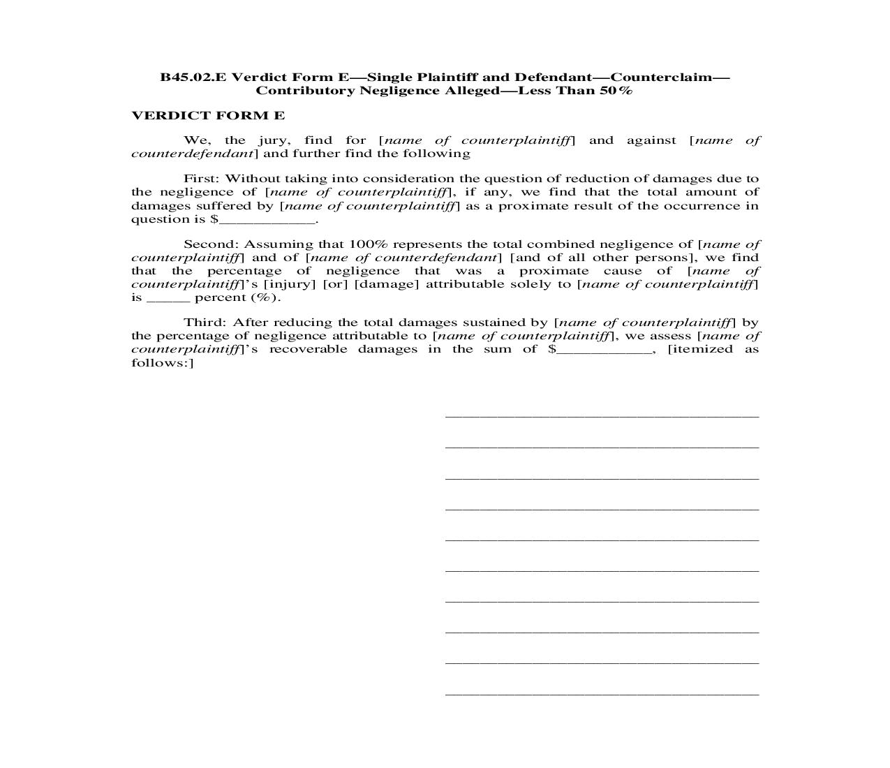 B45.02.E. Verdict Form E-Single Plaintiff and Defendant-Counterclaim-Contributory Negligence Alleged-Less Than 50 Percent | Pdf Doc Docx | Illinois_JI