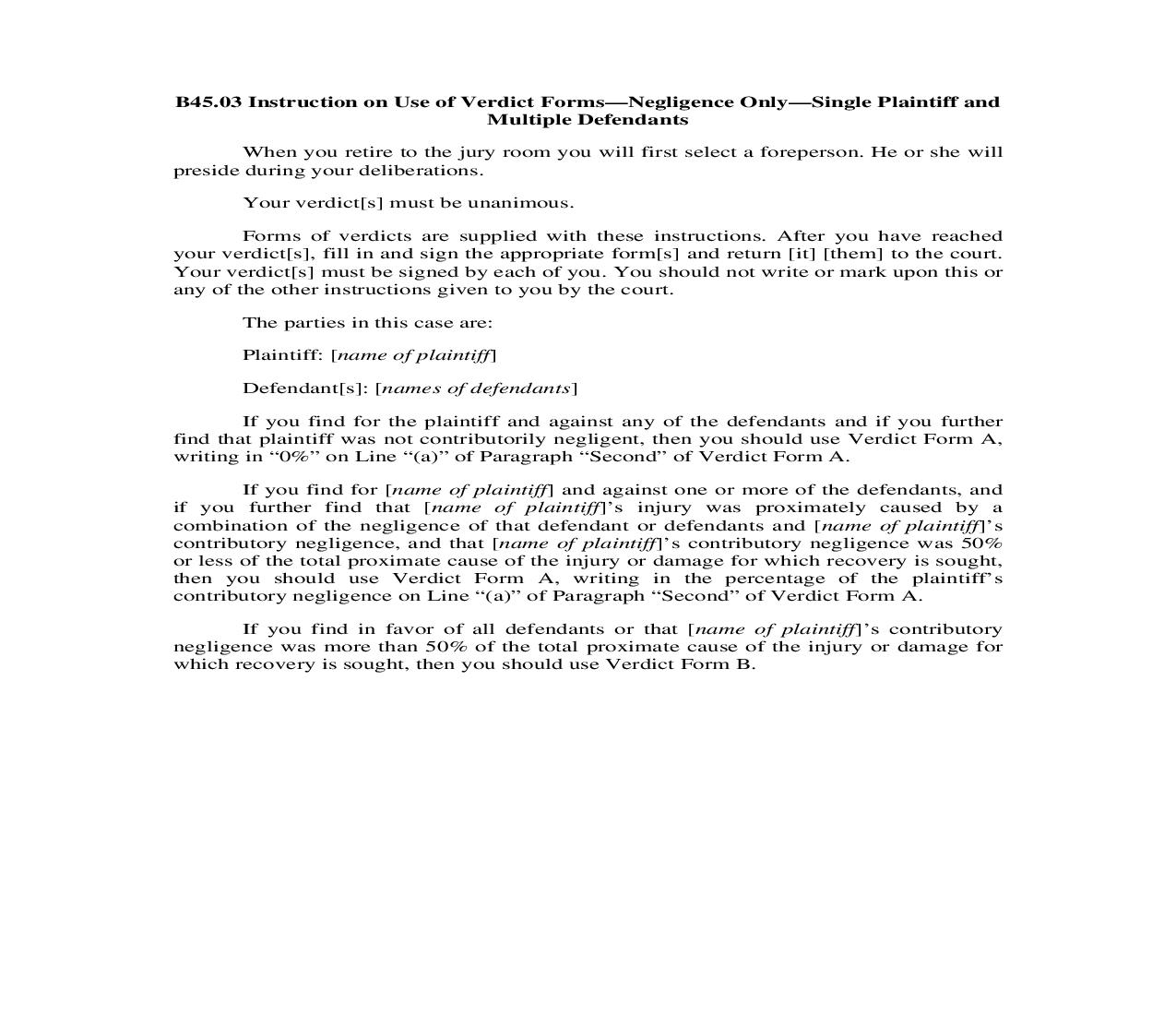 B45.03. Instruction on Use of Verdict Forms-Negligence Only-Single Plaintiff and Multiple Defendants | Pdf Doc Docx | Illinois_JI