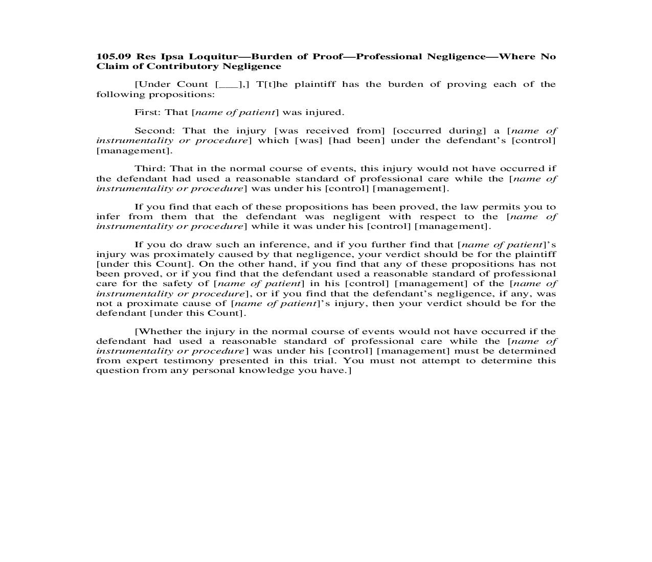 105.09. Res Ipsa Loquitur-Burden of Proof-Professional Negligence-Where No Claim of Contributory Negligence | Pdf Doc Docx | Illinois_JI
