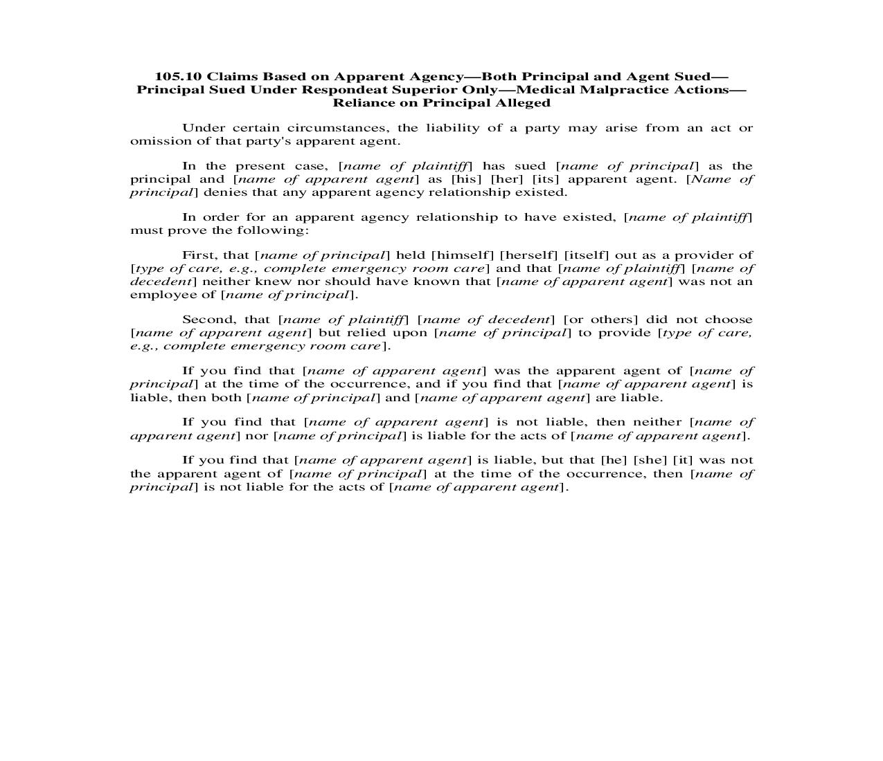 105.10. Claims Based on Apparent Agency-Principal and Agent Sued-Principal Under Respondent Superior Only-Med Mal | Pdf Doc Docx | Illinois_JI