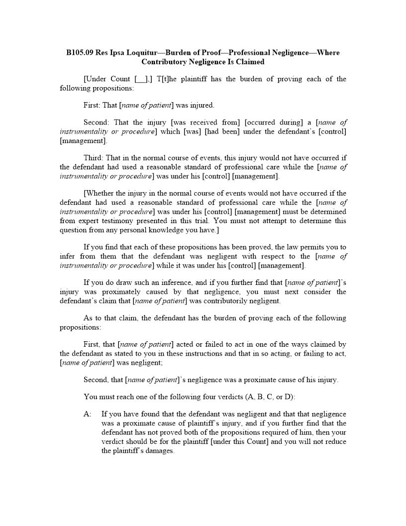 B105.09. Res Ipsa Loquitur-Burden of Proof-Professional Negligence-Where Contributory Negligence Is Claimed | Pdf Docx | Illinois_JI