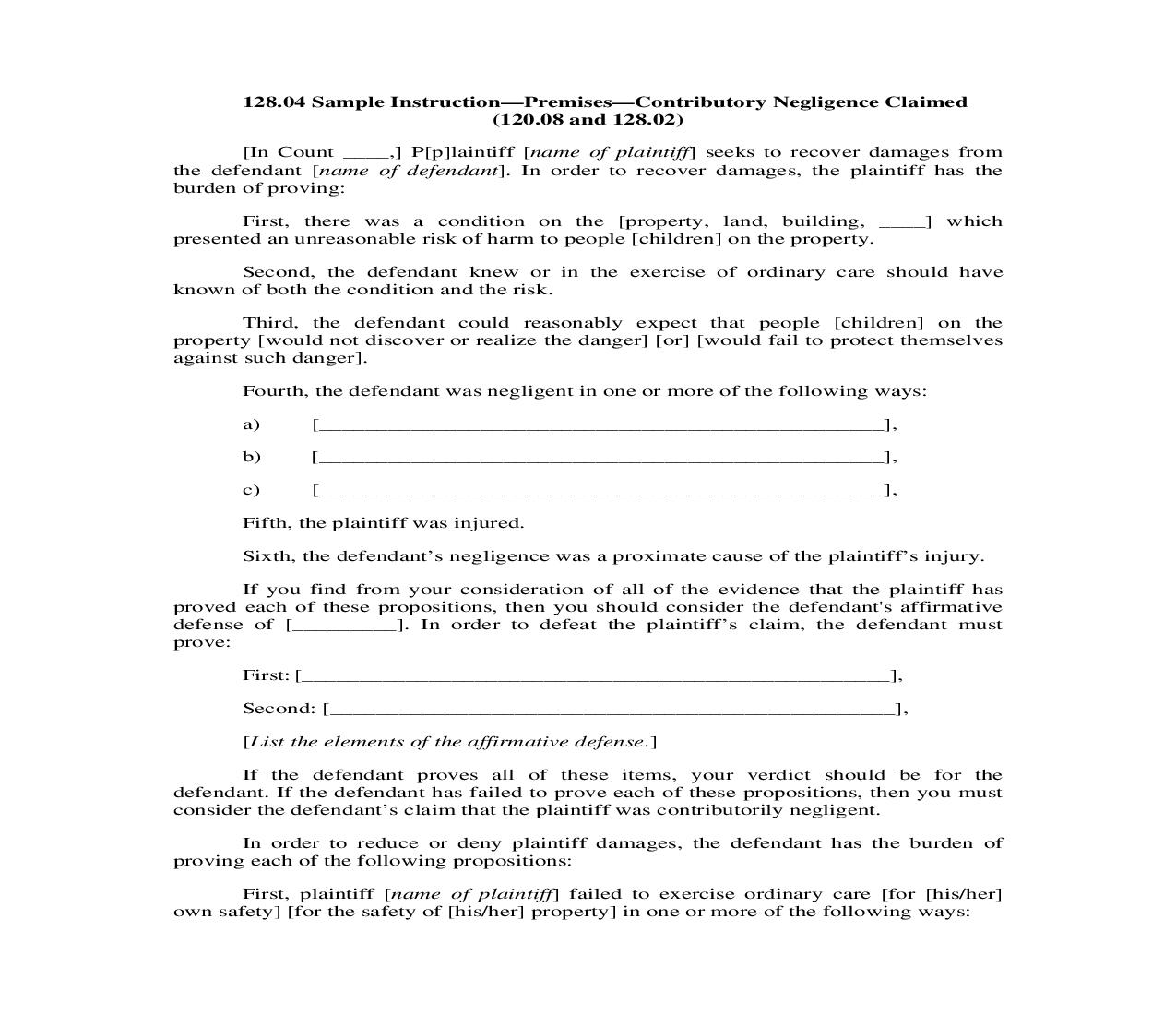 128.04. Sample Instruction-Premises-Contributory Negligence Claimed (120.08 and 128.02) | Pdf Doc Docx | Illinois_JI