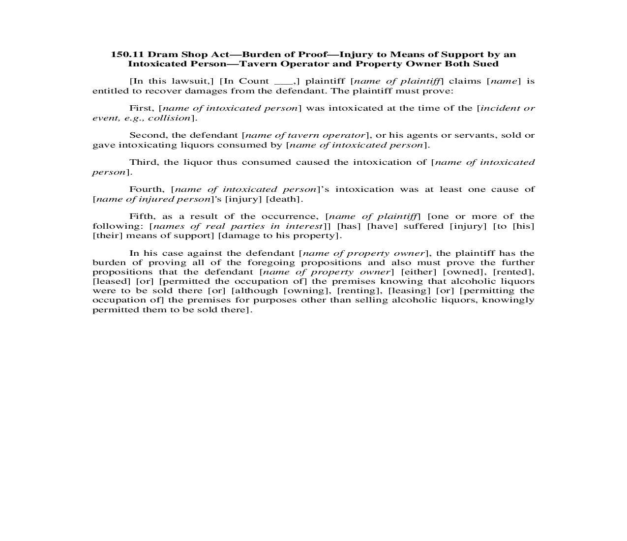 150.11. Dram Shop Act-Burden of Proof-Injury to Means of Support by Intoxicated-Tavern Op. Prop. Owner Sued | Pdf Doc Docx | Illinois_JI