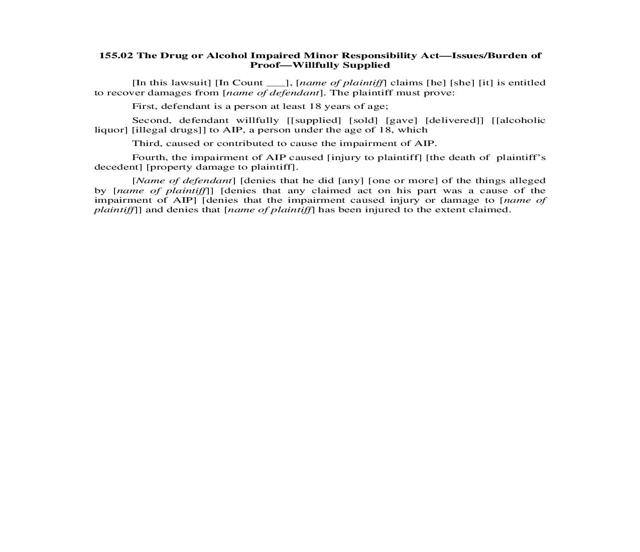 155.02. Drug or Alcohol Impaired Minor Responsibility Act-Issues Burden of Proof-Willfully Supplied | Pdf Doc Docx | Illinois_JI