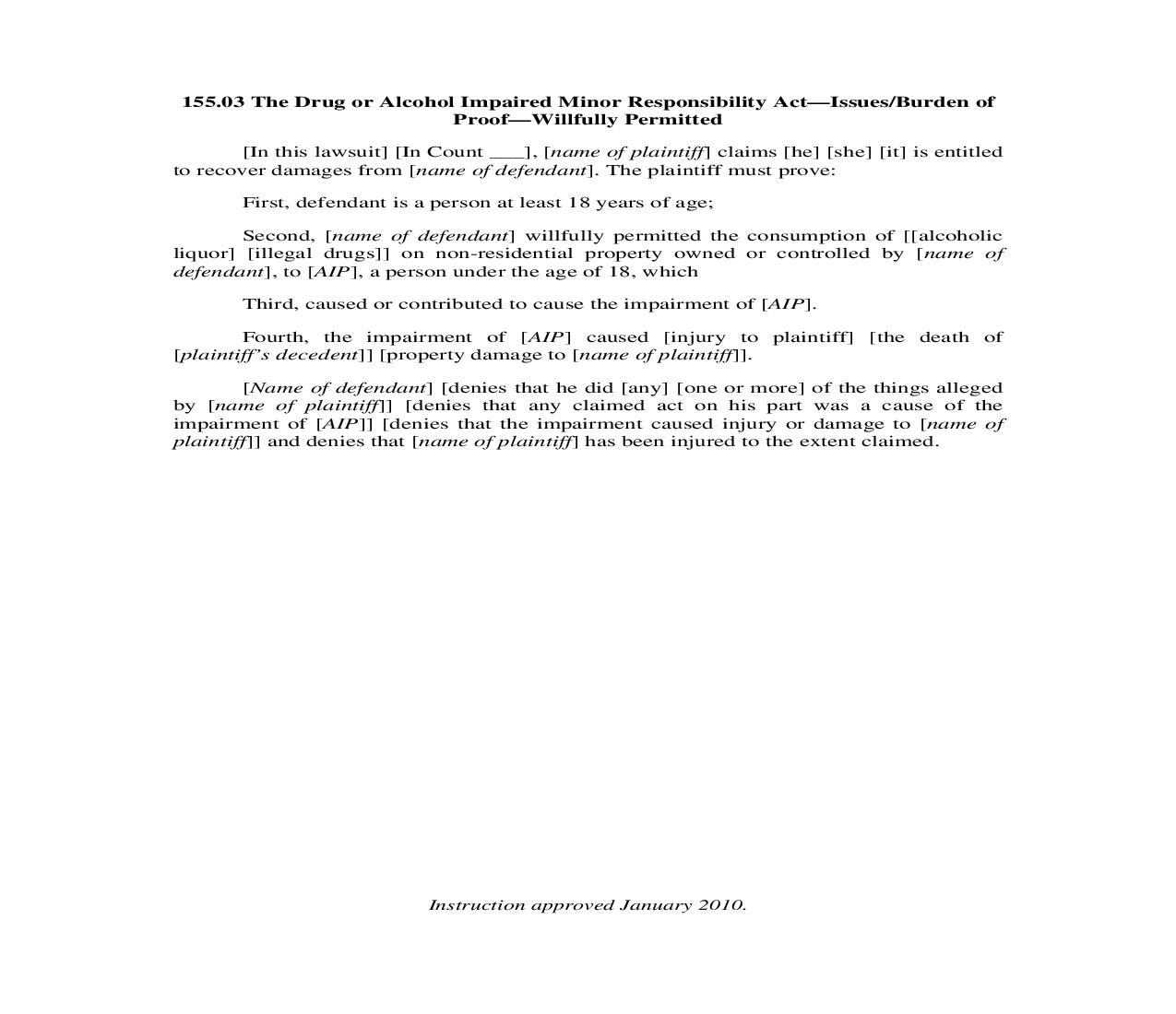 155.03. Drug or Alcohol Impaired Minor Responsibility Act-Issues Burden of Proof-Willfully Permitted | Pdf Doc Docx | Illinois_JI