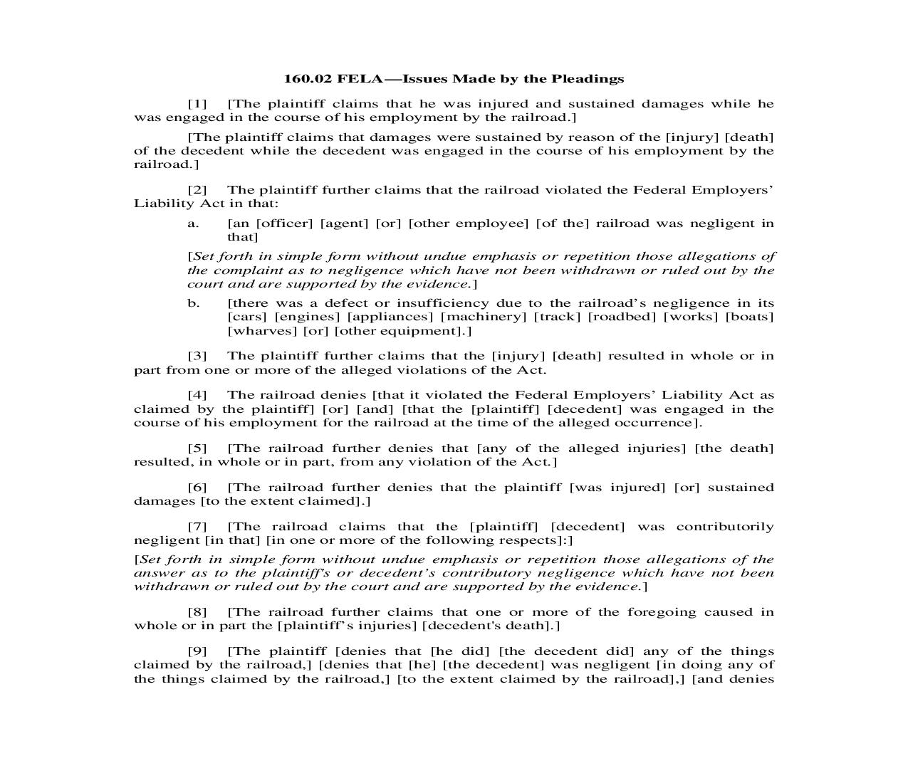 160.02. FELA-Issues Made by the Pleadings | Pdf Doc Docx | Illinois_JI