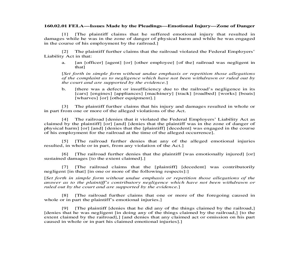 160.02.01. FELA-Issues Made by the Pleadings-Emotional Injury-Zone of Danger | Pdf Doc Docx | Illinois_JI