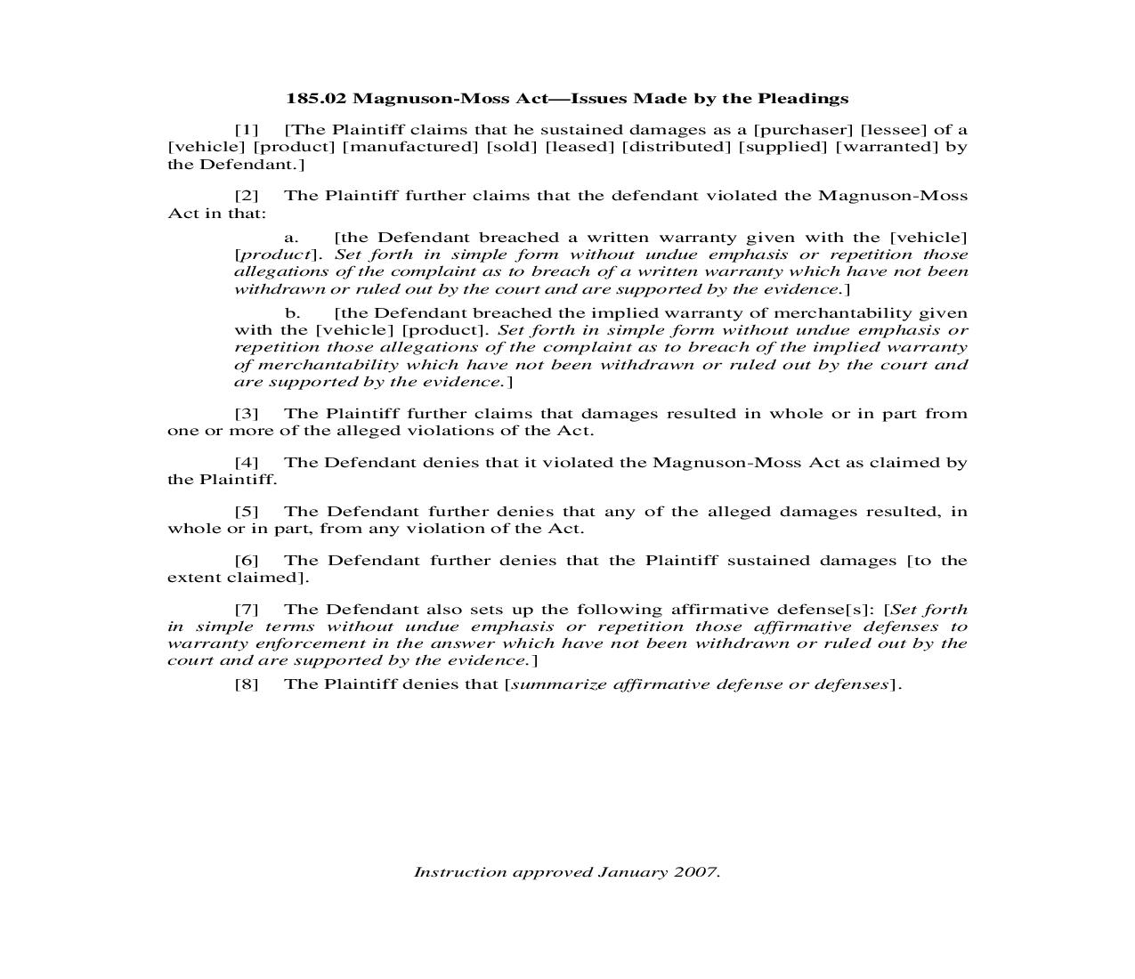 185.02. Magnuson-Moss Act-Issues Made by the Pleadings | Pdf Doc Docx | Illinois_JI