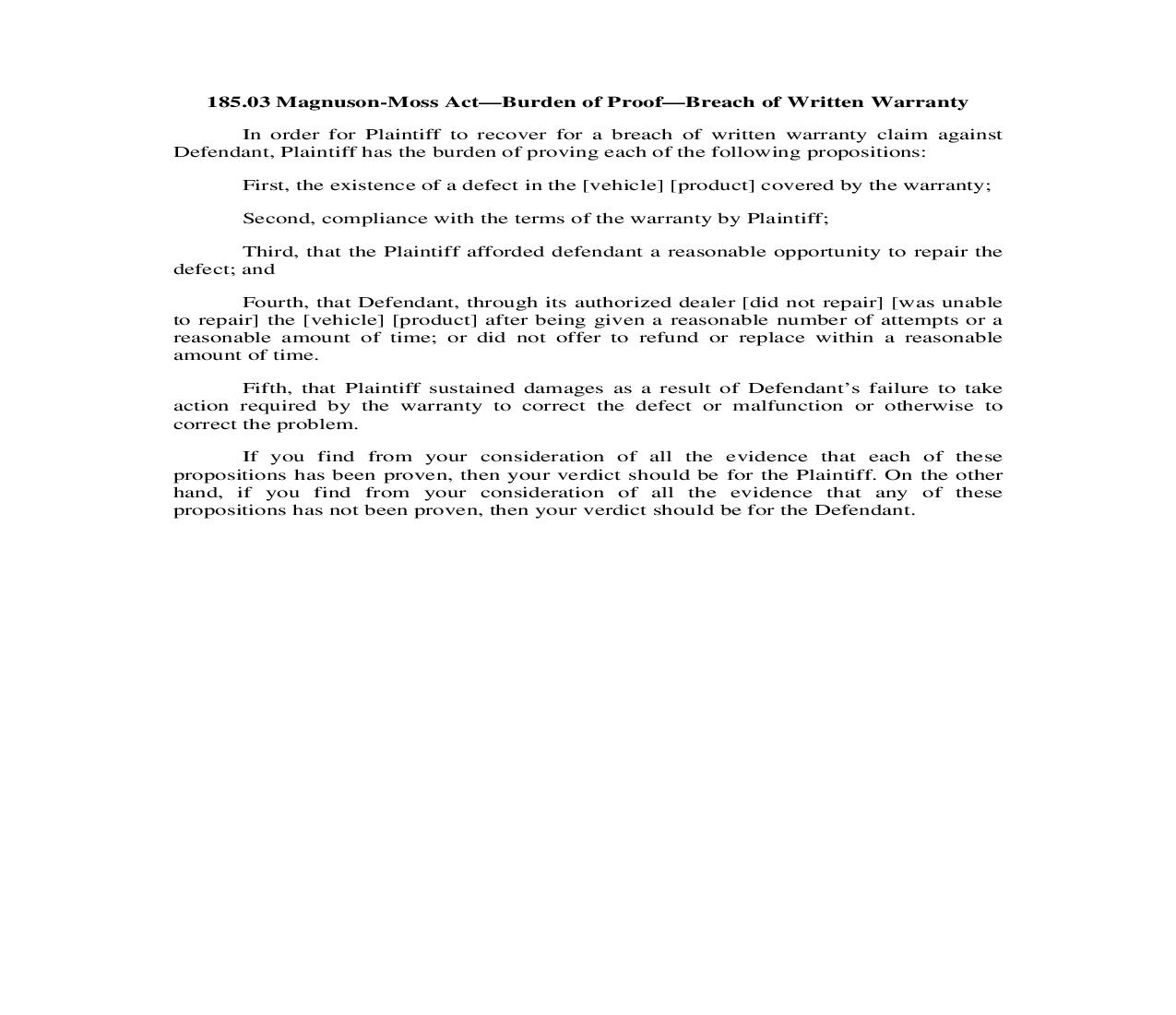 185.03. Magnuson-Moss Act-Burden of Proof-Breach of Written Warranty | Pdf Doc Docx | Illinois_JI