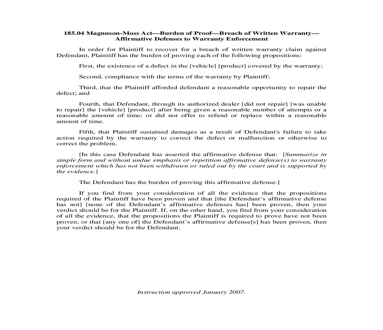 185.04. Magnuson-Moss Act-Burden of Proof-Breach of Written Warranty-Affirmative Defenses to Warranty Enforcement | Pdf Doc Docx | Illinois_JI