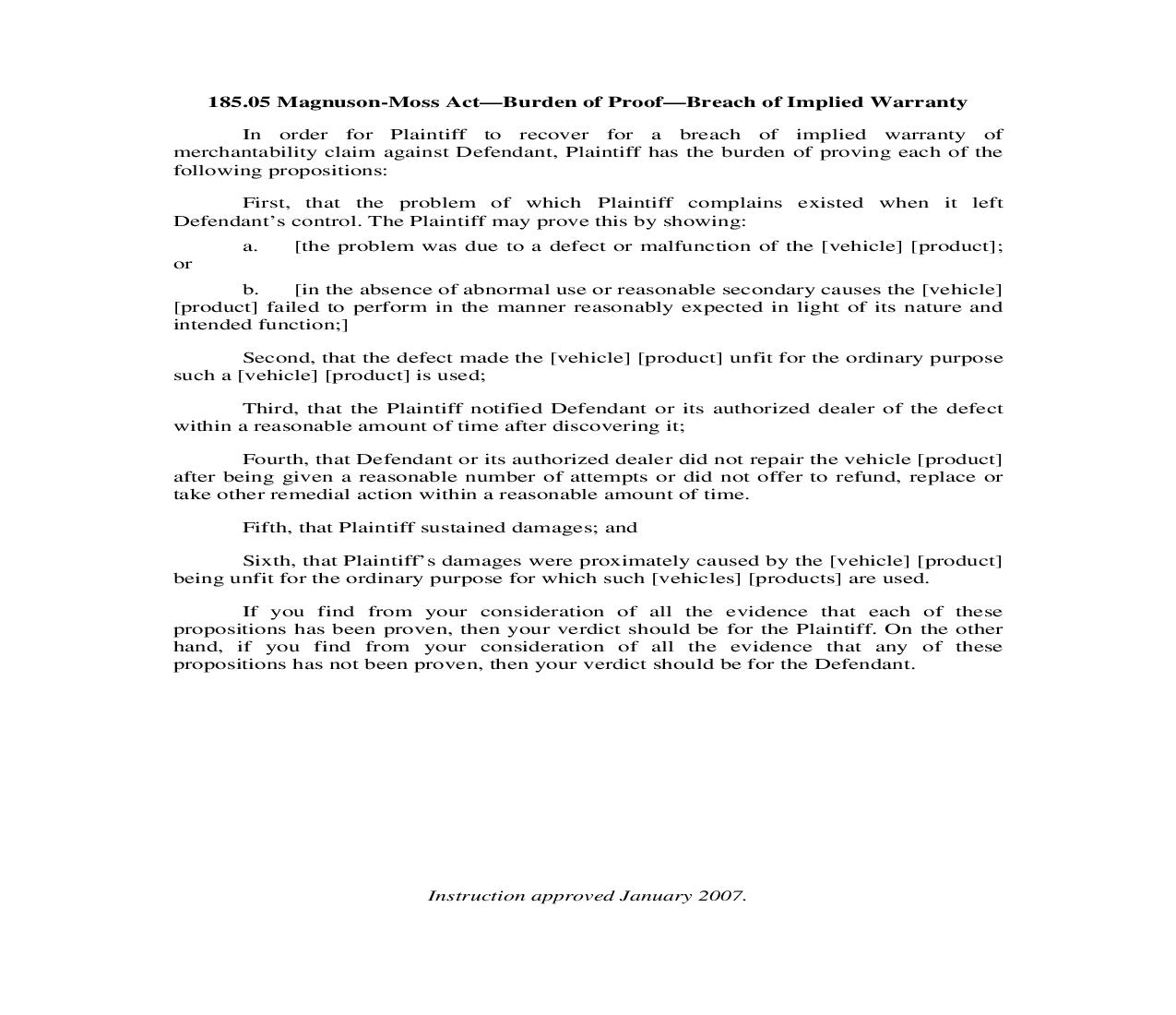 185.05. Magnuson-Moss Act-Burden of Proof-Breach of Implied Warranty | Pdf Doc Docx | Illinois_JI