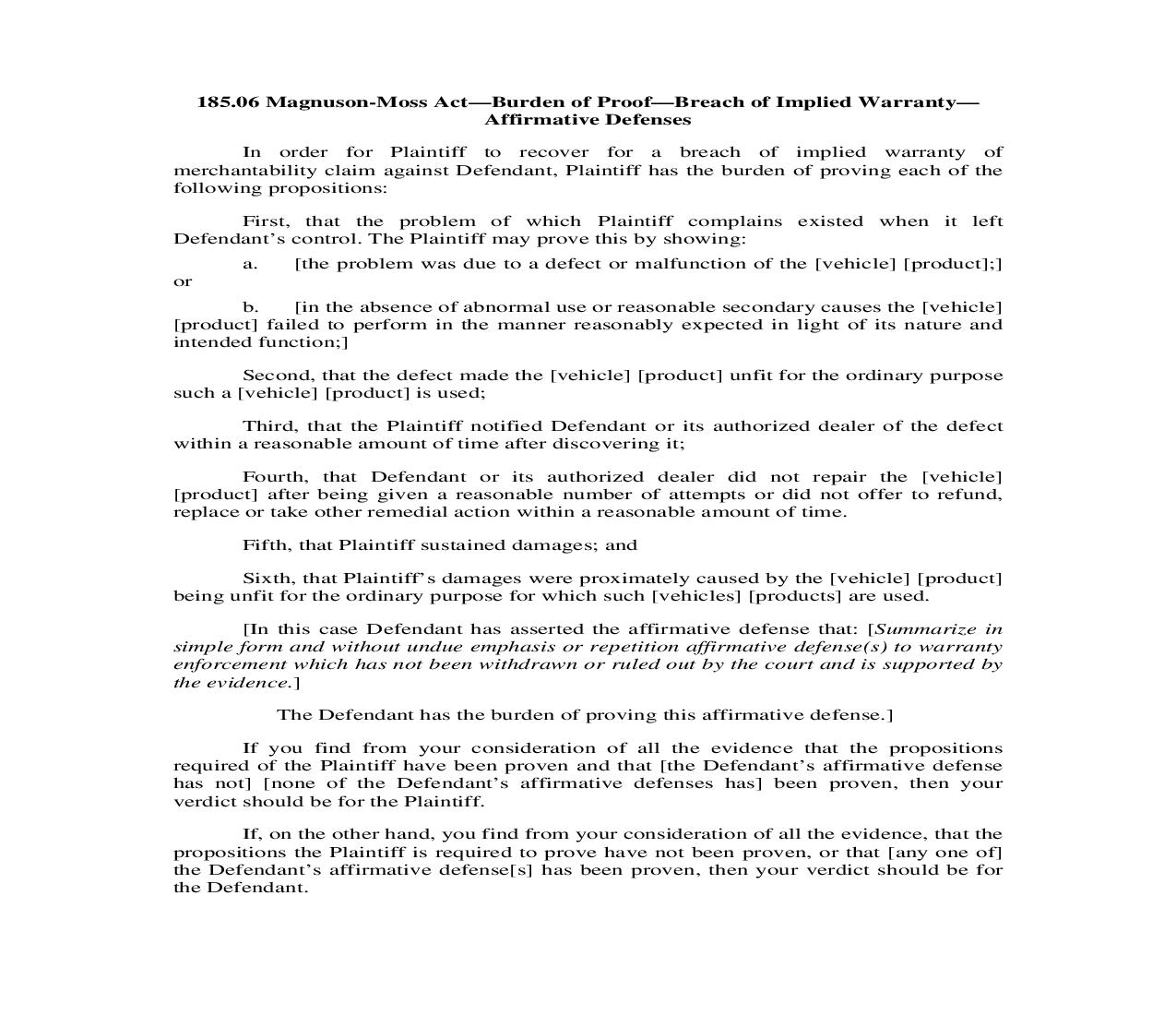 185.06. Magnuson-Moss Act-Burden of Proof-Breach of Implied Warranty-Affirmative Defenses | Pdf Doc Docx | Illinois_JI