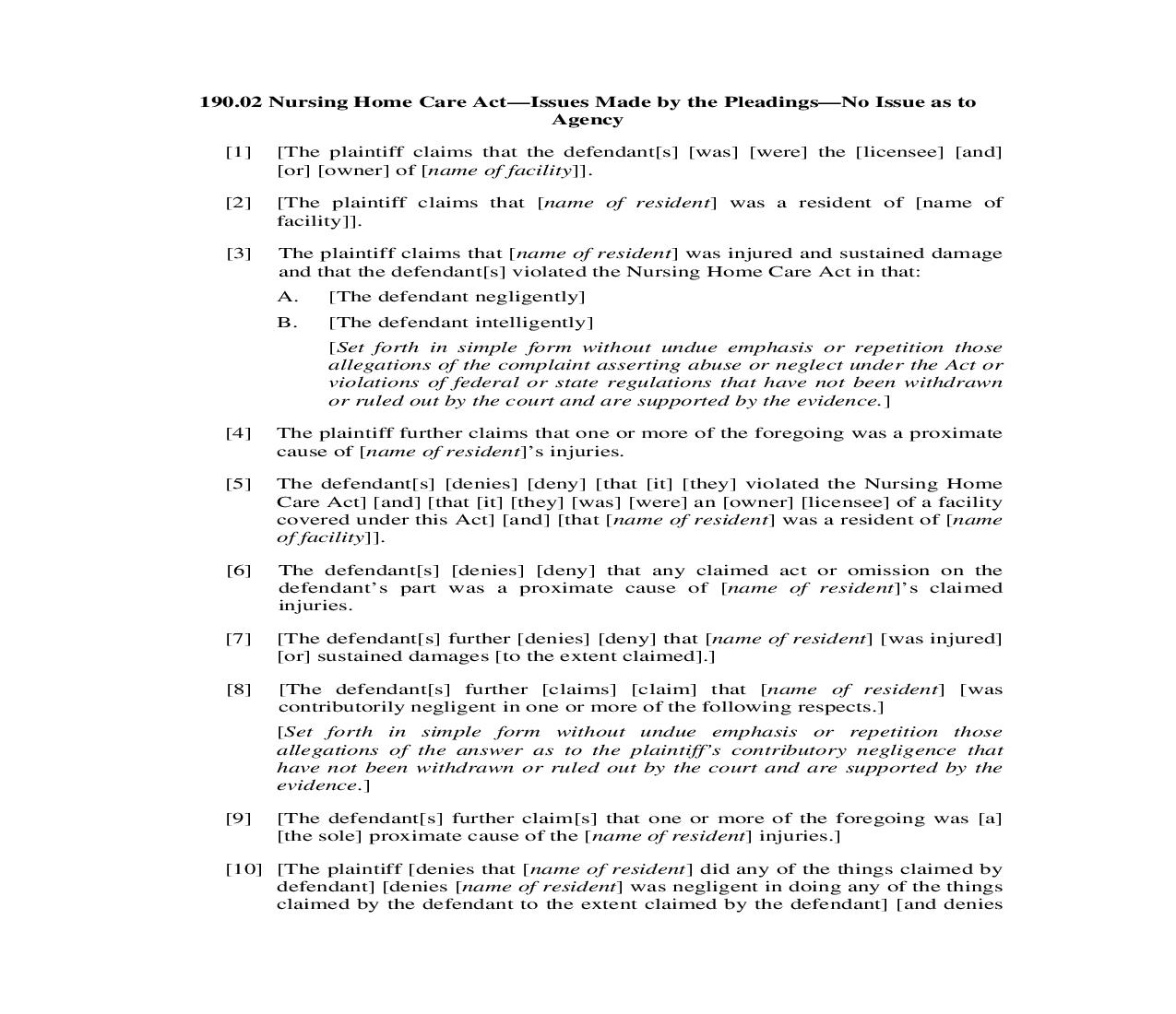 190.02 Nursing Home Care Act-Issues Made by the Pleadings-No Issue as to Agency | Pdf Doc Docx | Illinois_JI