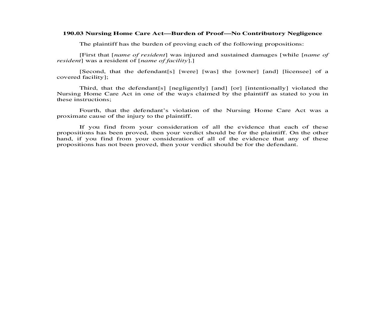 190.03. Nursing Home Care Act-Burden of Proof-No Contributory Negligence | Pdf Doc Docx | Illinois_JI