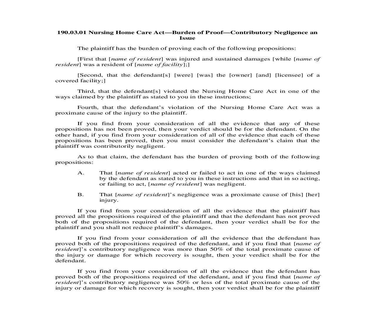 190.03.01. Nursing Home Care Act-Burden of Proof-Contributory Negligence an Issue | Pdf Doc Docx | Illinois_JI