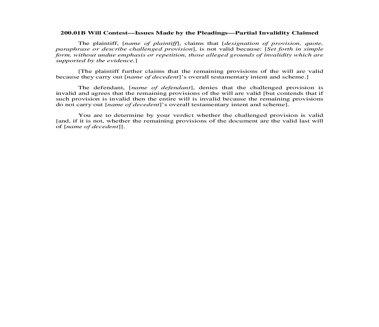 200.01B. Will Contest-Issues Made by the Pleadings-Partial Invalidity Claimed | Pdf Doc Docx | Illinois_JI