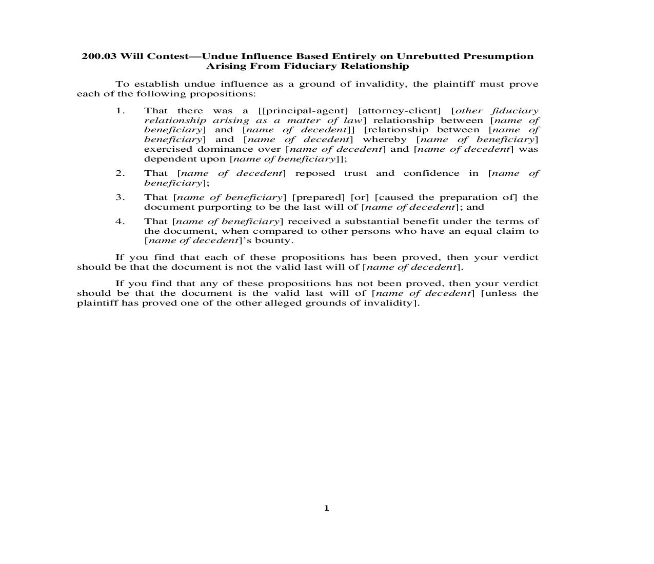 200.03. Will Contest-Undue Influence Based Entirely on Unrebutted Presumption Arising From Fiduciary Relationship | Pdf Doc Docx | Illinois_JI