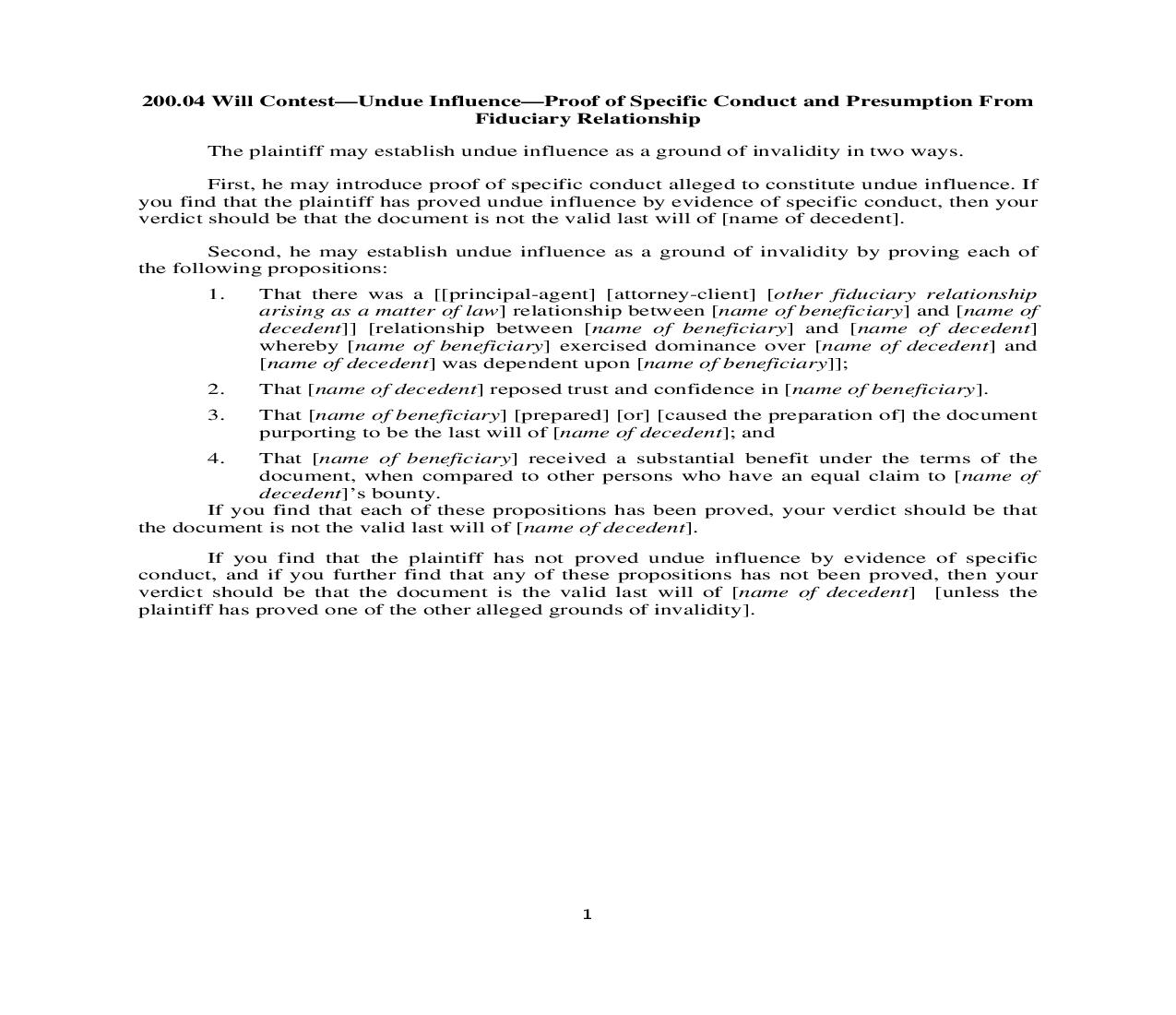 200.04. Will Contest-Undue Influence-Proof of Specific Conduct and Presumption From Fiduciary Relationship | Pdf Doc Docx | Illinois_JI
