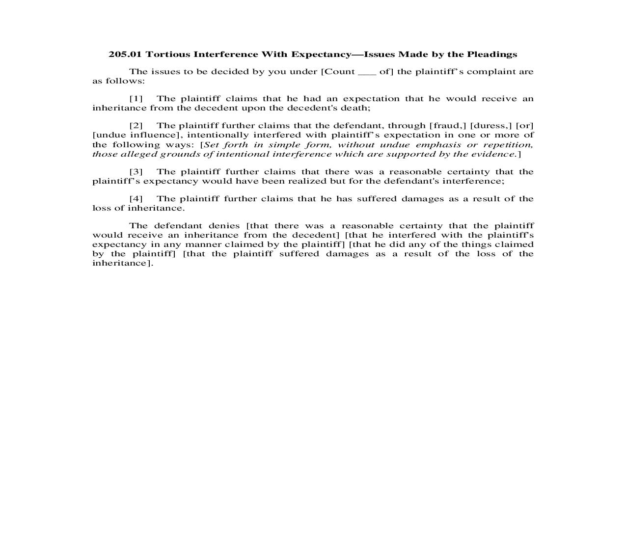 205.01. Tortious Interference With Expectancy-Issues Made by the Pleadings | Pdf Doc Docx | Illinois_JI