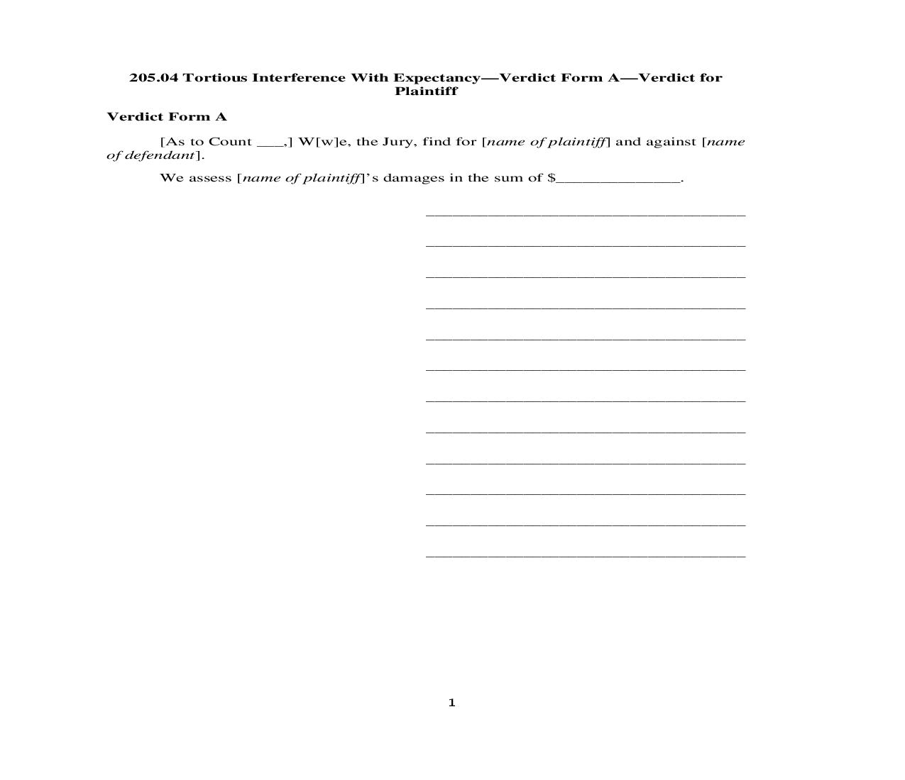 205.04. Tortious Interference With Expectancy-Verdict Form A-Verdict for Plaintiff | Pdf Doc Docx | Illinois_JI
