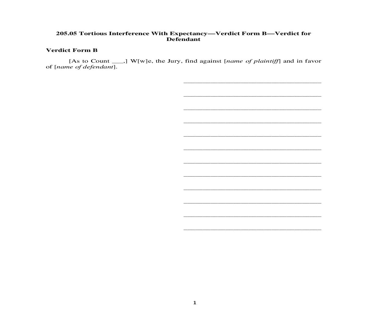 205.05. Tortious Interference With Expectancy-Verdict Form B-Verdict for Defendant | Pdf Doc Docx | Illinois_JI