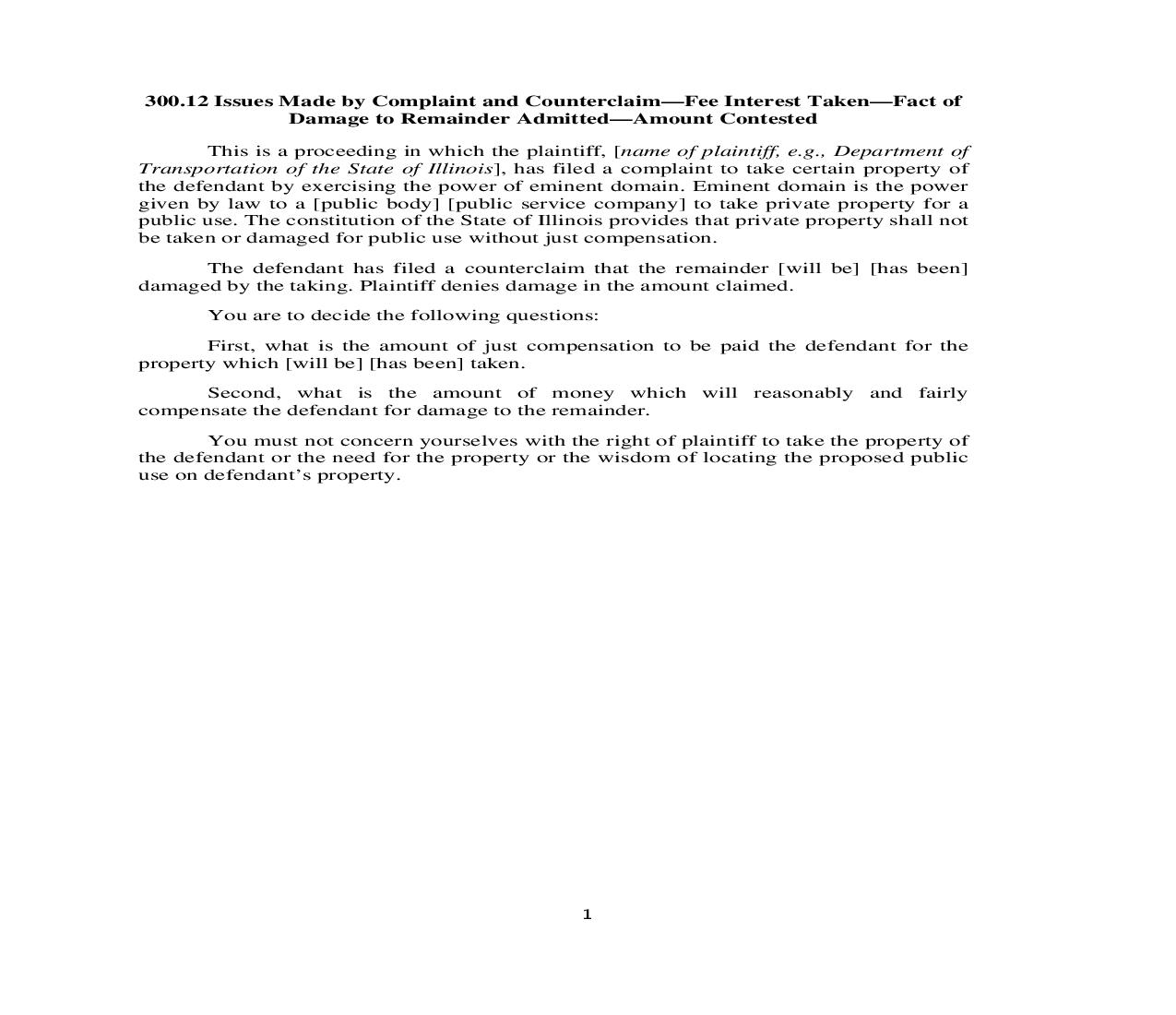 300.12. Issues Made by Complaint and Counterclaim-Fee Interest Taken-Fact of Damage to Remainder Admitted-Amt Contested | Pdf Doc Docx | Illinois_JI