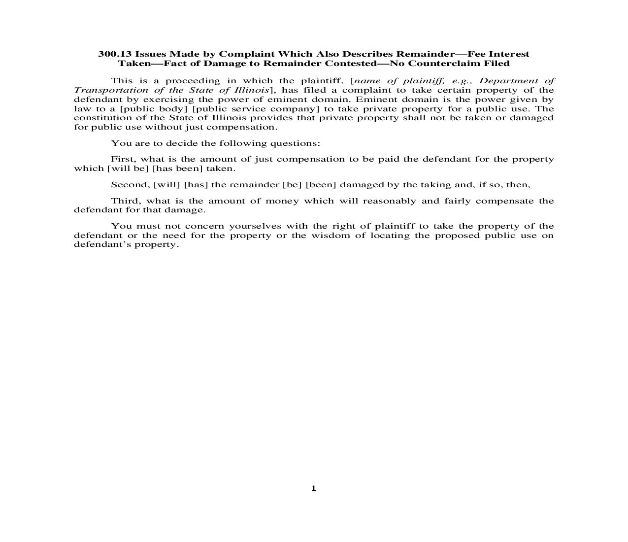 300.13. Issues Made by Complaint Which Also Describes Remainder-Fee Int. Taken-Damage to Rem. Contested-No Counterclaim | Pdf Doc Docx | Illinois_JI