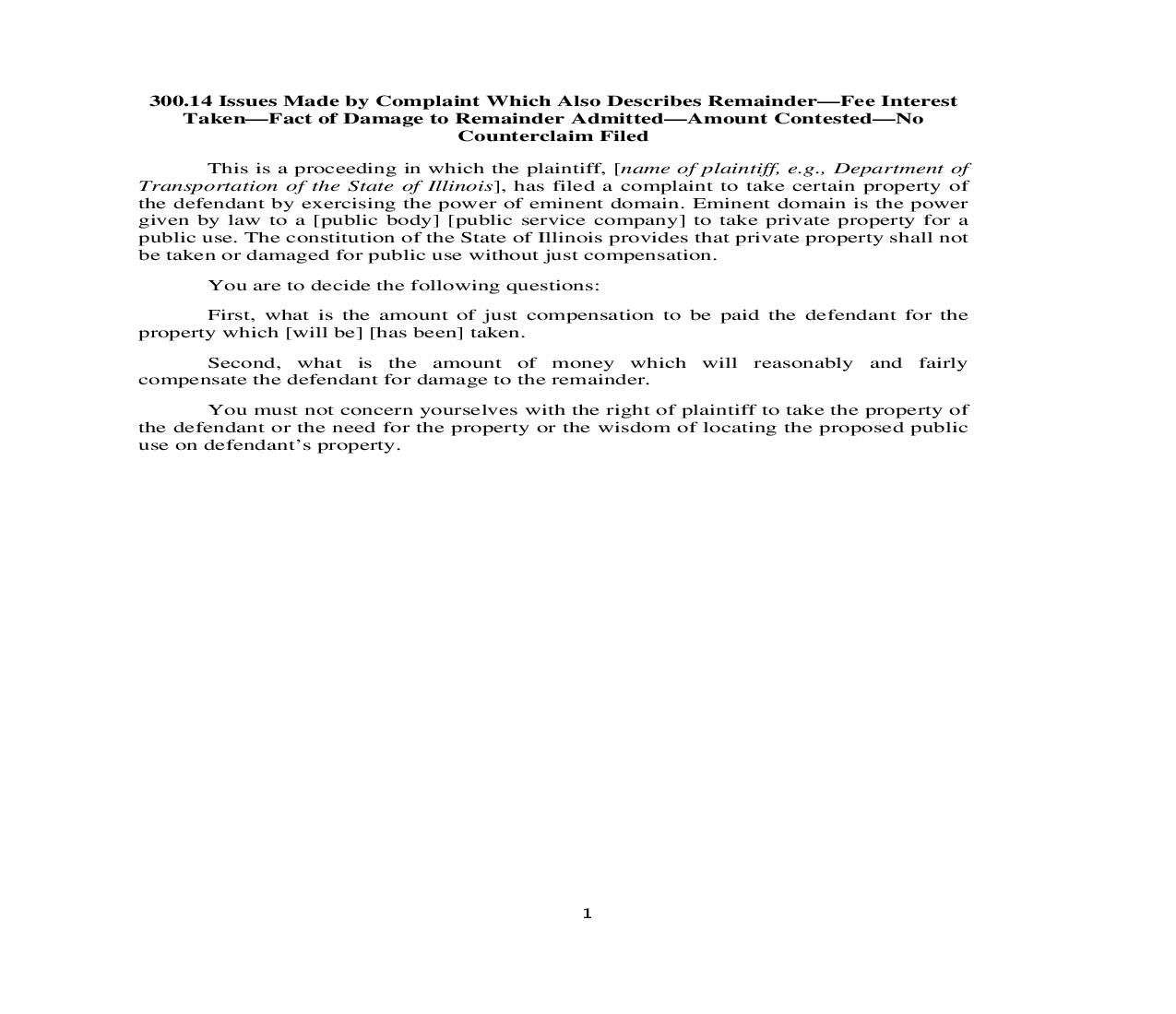 300.14. Issues Made by Complaint Which Also Describes Remainder-Fee Int. Dam. to Rem. Adm.-Amt Contested-No Counterclaim | Pdf Doc Docx | Illinois_JI