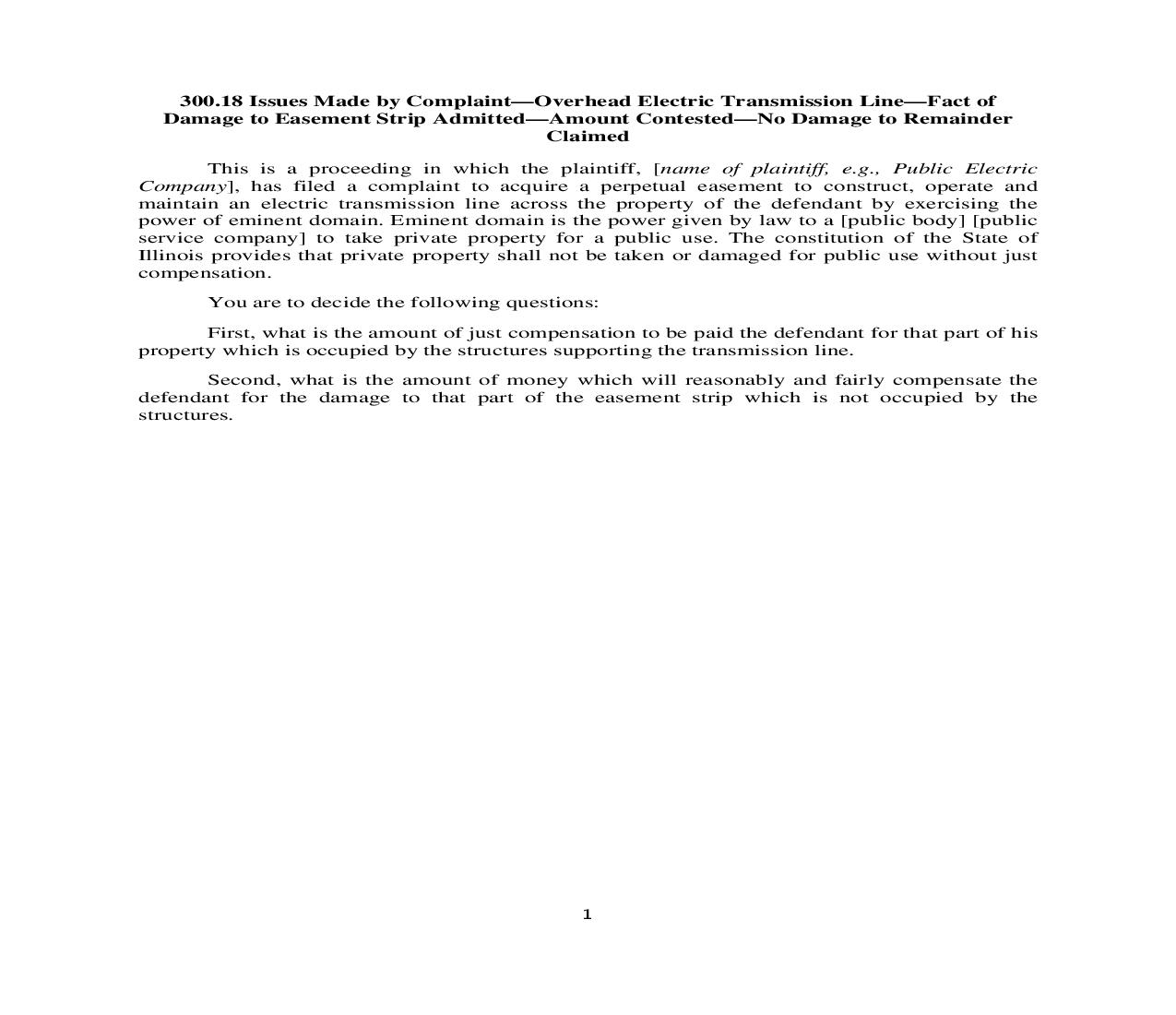 300.18. Issues Made by Complaint-Overhead Elec. Trans. Line-Dam. to Easement Strip Adm.-Amt Contested-No Damage to Rem. | Pdf Doc Docx | Illinois_JI