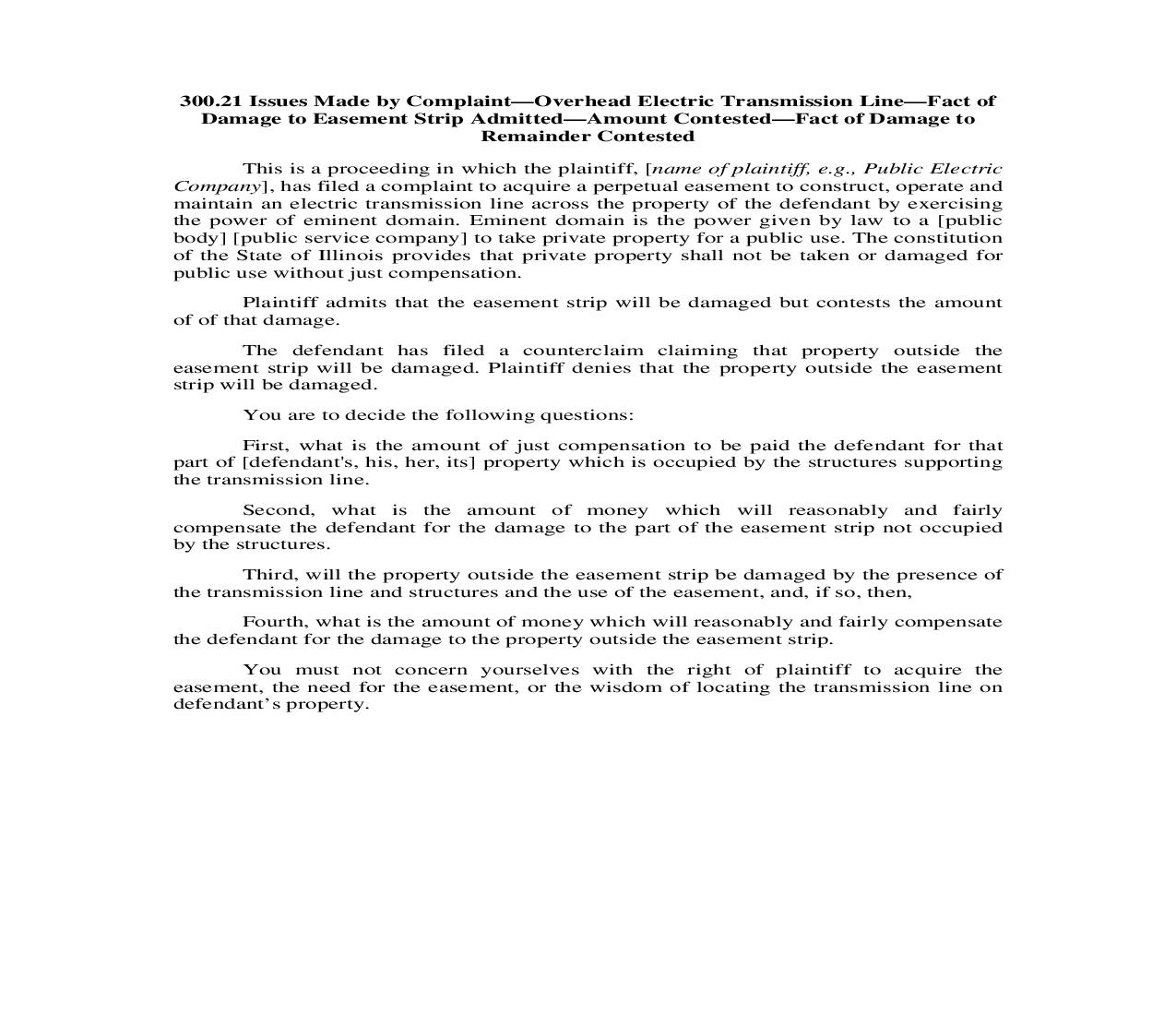 300.21. Issues Made by Complaint-Overhead Elec.Trans. Line-Damage to Easement Strip Admitted-Amt-Dam. to Rem. Contested | Pdf Doc Docx | Illinois_JI
