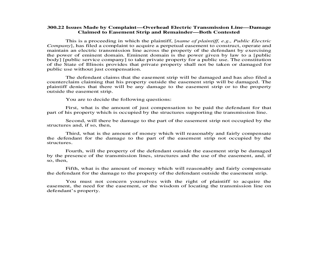 300.22. Issues Made by Complaint-Overhead Elec. Transmission Line-Dam. Claimed to Easement Strip and Rem.-Both Contested | Pdf Doc Docx | Illinois_JI