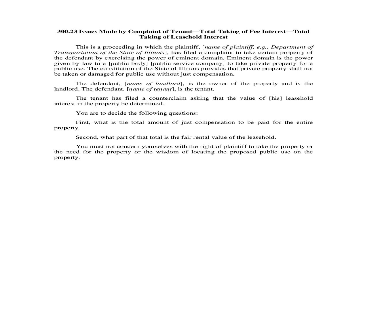 300.23. Issues Made by Complaint of Tenant-Total Taking of Fee Interest-Total Taking of Leasehold Interest | Pdf Doc Docx | Illinois_JI