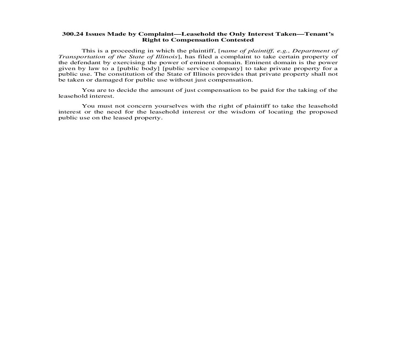 300.24. Issues Made by Complaint-Leasehold the Only Interest Taken-Tenants Right to Compensation Contested | Pdf Doc Docx | Illinois_JI