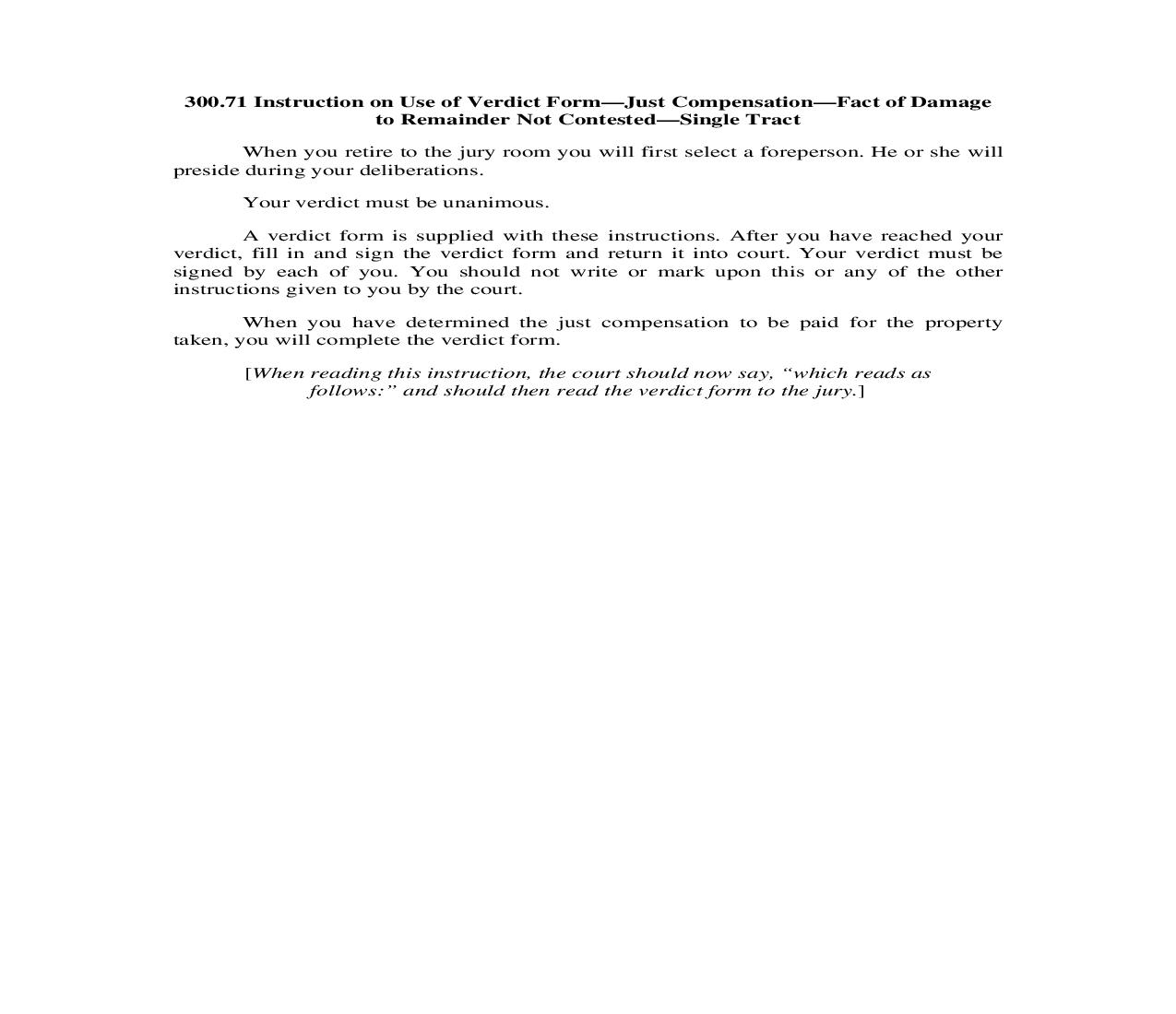 300.71. Instruction on Use of Verdict Form-Just Compensation-Fact of Damage to Remainder Not Contested-Single Tract | Pdf Doc Docx | Illinois_JI