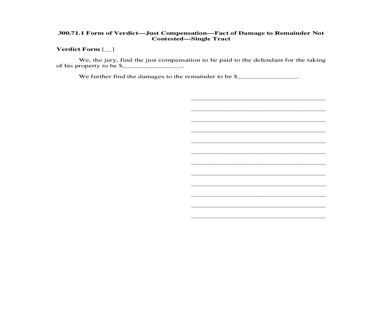 300.71.1. Form of Verdict-Just Compensation-Fact of Damage to Remainder Not Contested-Single Tract | Pdf Doc Docx | Illinois_JI