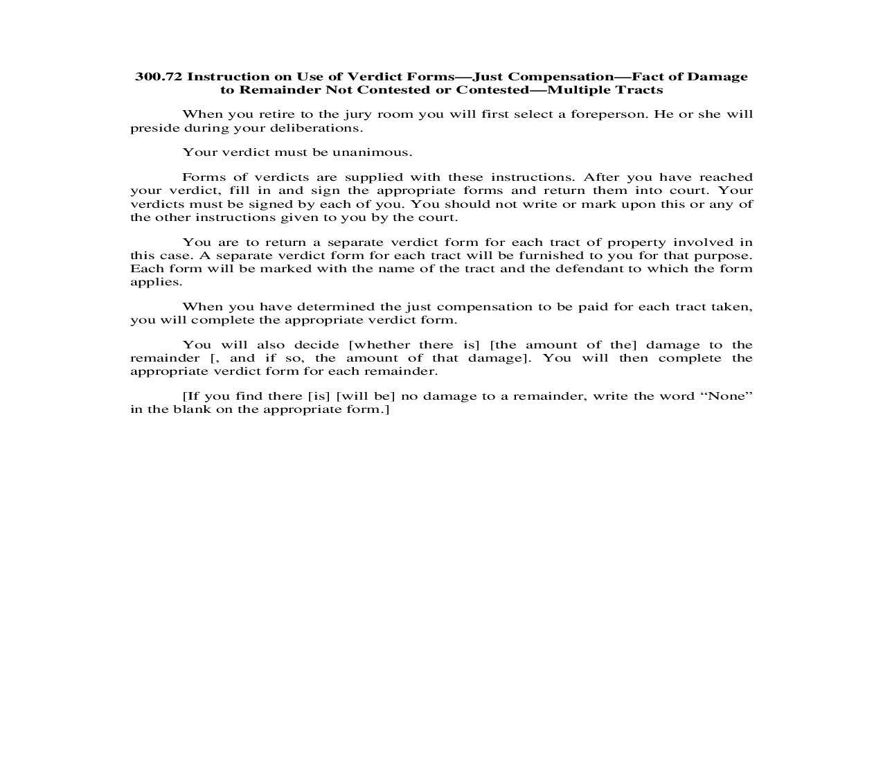 300.72. Instruction on Use of Verdict Forms-Just Compensation-Damage to Remainder-Multiple Tracts | Pdf Doc Docx | Illinois_JI