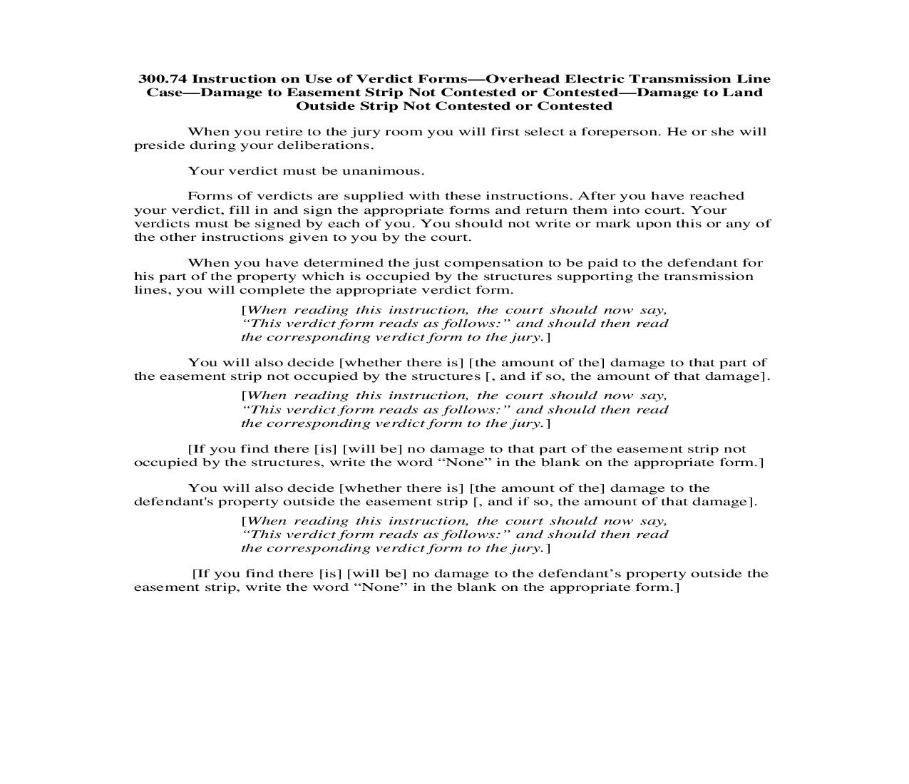 300.74. Instruction on Use of Verdict Forms-Overhead Elec Transmission Line-Damage to Easement Strip-Damage Outside Strip | Pdf Doc Docx | Illinois_JI