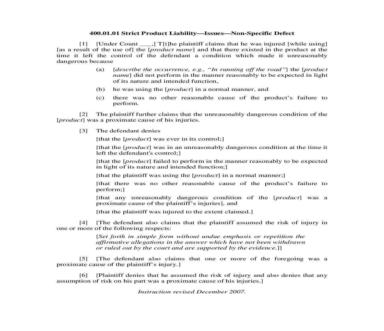 400.01.01. Strict Product Liability-Issues-Non-Specific Defect | Pdf Doc Docx | Illinois_JI